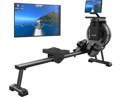 Skandika waterroeitrainer Mora - Waterroeitrainer voor thuis, met waterweerstand, compatibel met Kinomap app, Bluetooth, computer, tablethouder, ruimtebesparend rechtop te zetten | Roeimachine