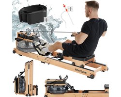 tectake® Houten Roeimachine - Opvouwbare Roeitrainer met 6 Weerstand Standen - Home Gym - Workout Roeiapparaat - Met Trainingscomputer en Borstband - Bluetooth en Kinomap-app compatibel - Draagkracht tot 150kg