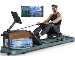 Water Roeimachine - Roeimachine - Magnetische Roeitrainer - Roeiapparaat - Ergonomisch Zitvlak - Max 160kg - 14L Watertank - Opvouwbare - met Bluetooth Monitor - van Massief Hout - Met Tablet Houder - Voor Thuisgebruik - Blauw