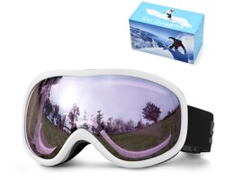 Bolvormige skibril - Skibril - skibril dames - skibril heren - Dubbellaags anticondens - Skibril voor heren en dames - Skibril voor buiten - Wit/paars - PC+TPU