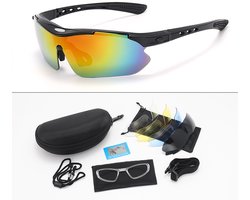 Fietsbril, sportbril met UV-bescherming, met 5 verwisselbare lenzen, zwarte gepolariseerde lenzen, unisex zonnebril voor buitenactiviteiten zoals fietsen, hardlopen, klimmen, skiën