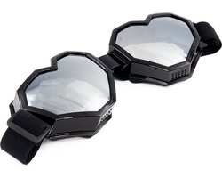 KIMU® Goggles Hartjes Skibril - Bril Zwart Montuur - Zilveren Spiegelglazen - Steampunk Zilver Hart Grote Spacebril Elastiek Dames Heren Festival