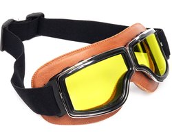 KIMU Goggles Motorbril Skibril - Bril Bruin Montuur - Gele Glazen - Pilotenbril Vintage Retro Motor Steampunk Leatherlook Leer Geel Bruine Heren Kerstkado Kerst Kado