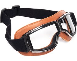 KIMU® Goggles Motorbril Skibril - Bril Bruin Montuur - Heldere Glazen - Pilotenbril Piloot Motor Steampunk Vintage Leatherlook Leren Bruine Solex Festival