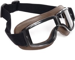 KIMU® Goggles Motorbril Skibril - Bril Donkerbruin Montuur - Transparante Glazen - Leatherlook Pilotenbril Vintage Motor Retro Steampunk Lederen Heren Festival