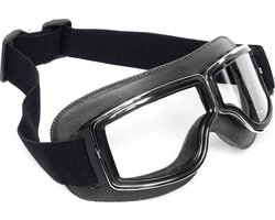 KIMU® Goggles Motorbril Skibril - Bril Zwart Montuur - Heldere Glazen - Pilotenbril Vintage Retro Motor Steampunk Leatherlook Leren Helder Heren Halloween