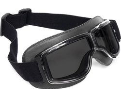 KIMU Goggles Motorbril Skibril - Bril Zwart Montuur - Zwarte Glazen - Leatherlook Pilotenbril Vintage Motor Retro Steampunk Lederen Heren Carnaval