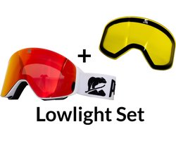 Luxe Magnetische Snowboardbril / Skibril SET - Rode Lens & Lowlight Lens (Slecht weer-lens) Wit Frame + Beschermcase & Microfiber hoes - PolarShred - Anti fog - Cat.3 - 100% UV Bescherming - VLT 16%