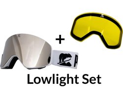 Luxe Magnetische Snowboardbril / Skibril SET - Zilvere / Spiegel Lens & Lowlight Lens (Slecht weer-lens) Wit Frame + Beschermcase & Microfiber hoes - PolarShred - Anti fog - Cat.3 - 100% UV Bescherming - VLT 16%