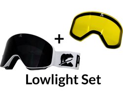 Luxe Magnetische Snowboardbril / Skibril SET - Zwarte Lens & Lowlight Lens (Slecht weer-lens) Wit Frame + Beschermcase & Microfiber hoes - PolarShred - Anti fog - Cat.3 - 100% UV Bescherming - VLT 16%