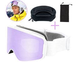 Magnet skibril met beschermhoes en bril zakje - magnetisch wisselbare lenzen -Wit/Paars