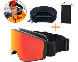 Magnet skibril met beschermhoes en bril zakje - magnetisch wisselbare lenzen - Zwart/Rode