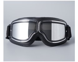 Motorbril, crossbril, retro sportbril, motorbril voor heren, anti-condens, stofdicht, UV-bescherming, geschikt voor motorrijden, fietsen, racen, skiën (zwart met zilveren lenzen).