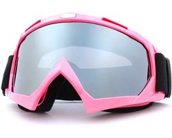 Skibril - Snowboardbril - Crossbril - Roze - Zilver Spiegel