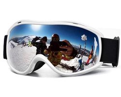 Veiligheidsbril - Skibril - Ski-uitrusting - Sportbril - UV-bescherming - Anti-condens - Zilverkleurige lenzen - wordt geleverd met een stoffen tas en een EV-etui - Wit