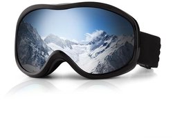 Veiligheidsbril - Skibril - Ski-uitrusting - Sportbril - UV-bescherming - Anti-condens - Zilverkleurige lenzen - wordt geleverd met een stoffen tas en een EV-etui - Zwart